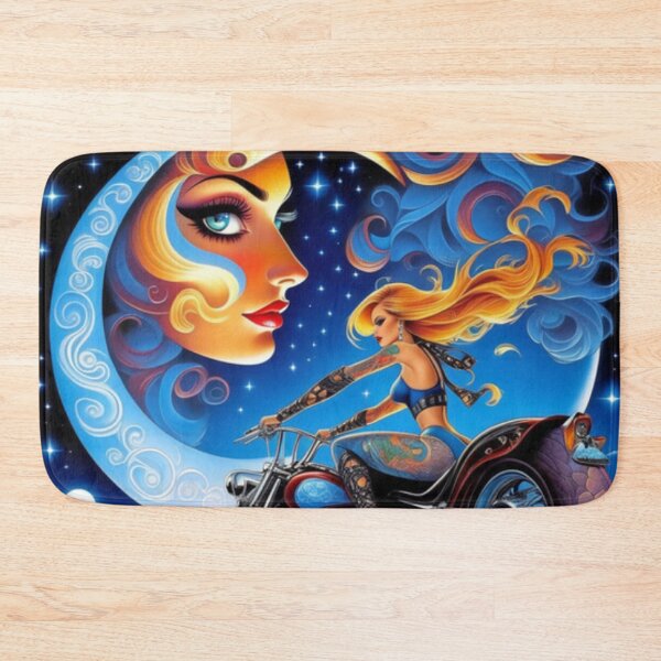 Artikelvorschau, Trippy Crescent Moon Chopper Biker Lady entworfen und verkauft von TheDarkWardrobe.