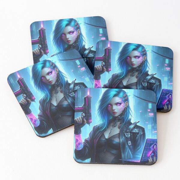 Item preview, Cyberpunk girl with blue hair and gun designed and sold by neonbubblez3.