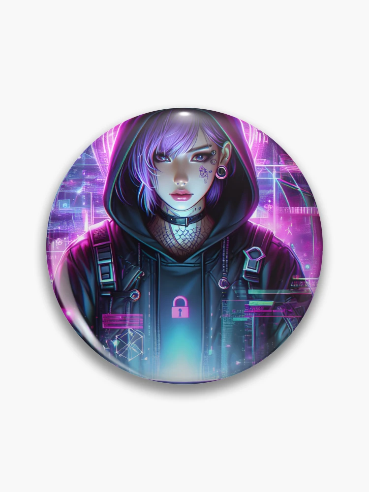 Cyberpunk hacker girl with neon interface background