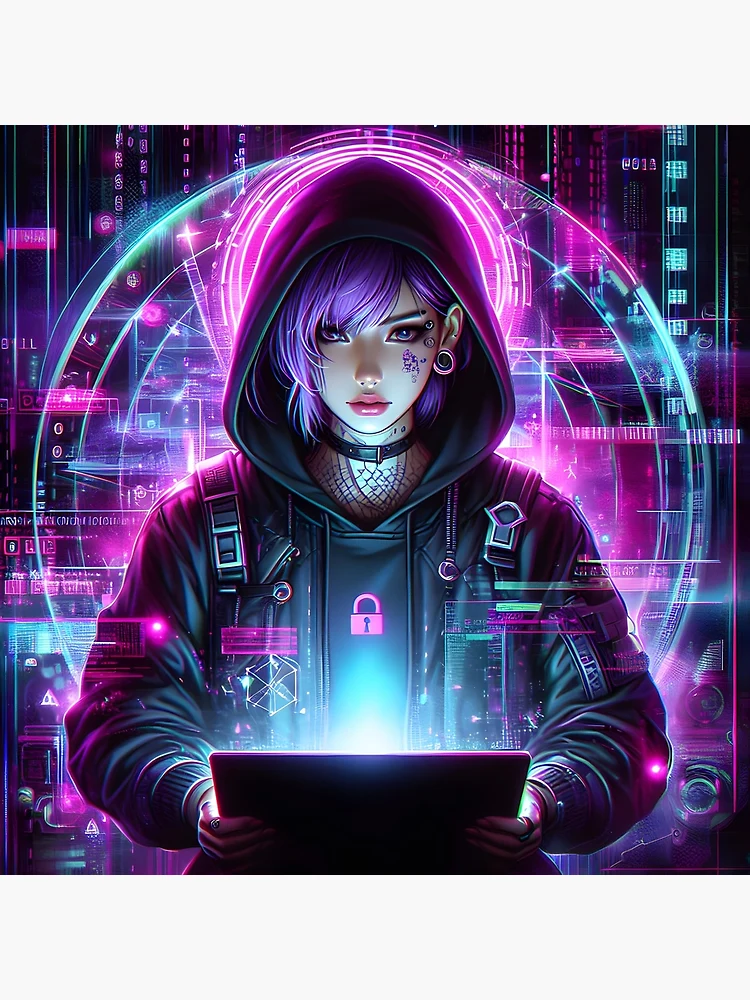 Cyberpunk hacker girl with neon interface background