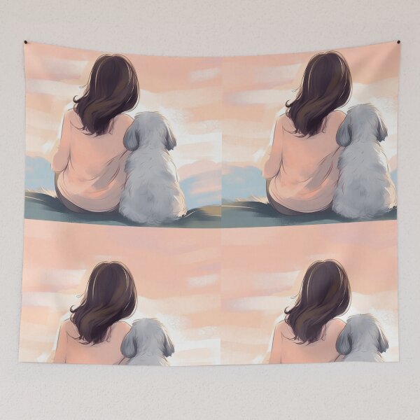 Item preview, Woman sitting with her little white dog, illustration designed and sold by EmeraldeaArt.