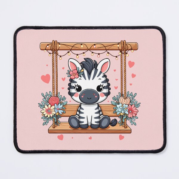 Item preview, a little zebra sits on a wooden swing, the swing is decorated with flowers, hearts and lights, Valentine's Day designed and sold by Niktarka.