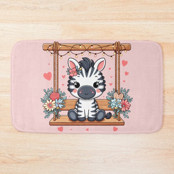 Item preview, a little zebra sits on a wooden swing, the swing is decorated with flowers, hearts and lights, Valentine's Day designed and sold by Niktarka.