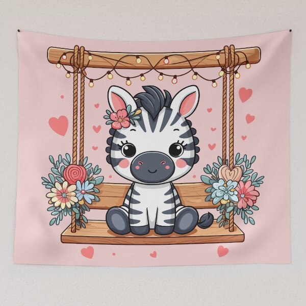 Item preview, a little zebra sits on a wooden swing, the swing is decorated with flowers, hearts and lights, Valentine's Day designed and sold by Niktarka.