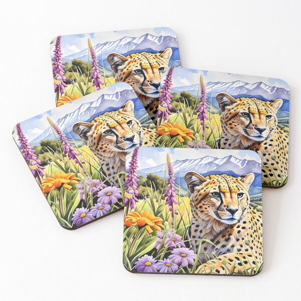 Item preview, Watercolor Painting of a resting Cheetah with Wildflowers designed and sold by Petalandfur.