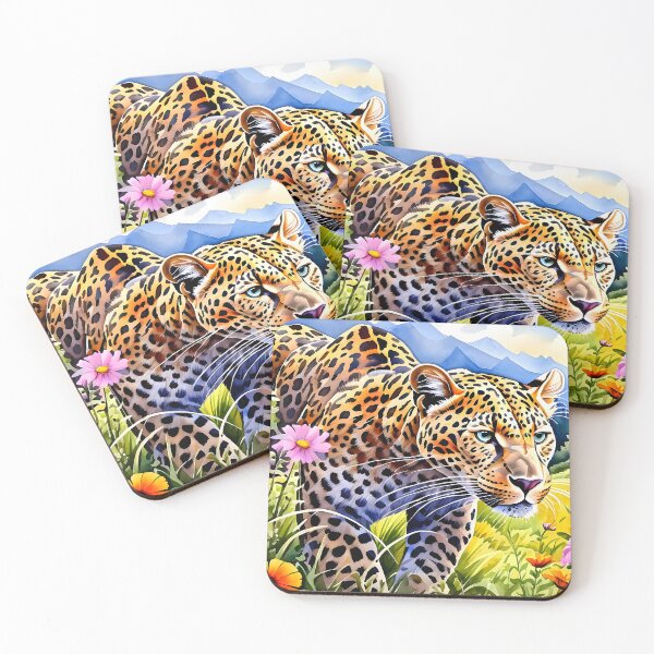 Item preview, Watercolor Painting of a stalking African Leopard with Wildflowers designed and sold by Petalandfur.