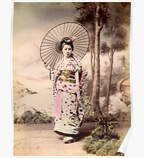 Japanese girl wearing kimono with parasol Poster