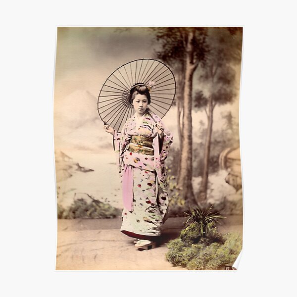 Japanese girl wearing kimono with parasol Poster