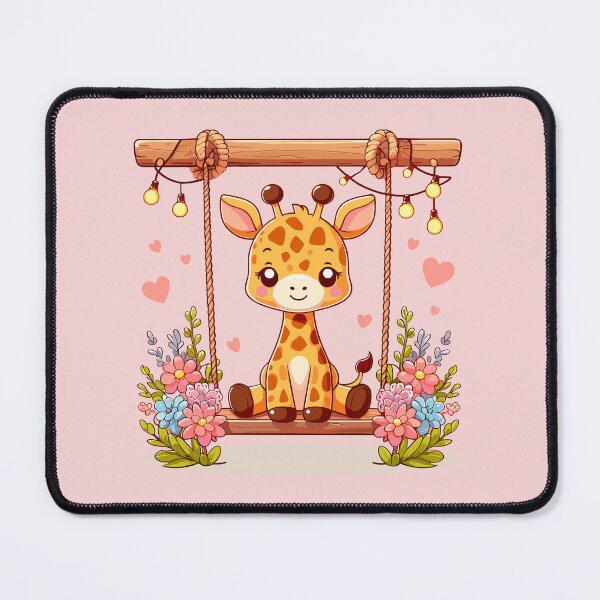 Item preview, a little giraffe sits on a wooden swing, the swing is decorated with flowers, hearts and lights designed and sold by Niktarka.