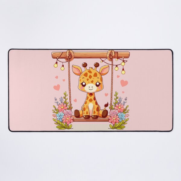 Item preview, a little giraffe sits on a wooden swing, the swing is decorated with flowers, hearts and lights designed and sold by Niktarka.