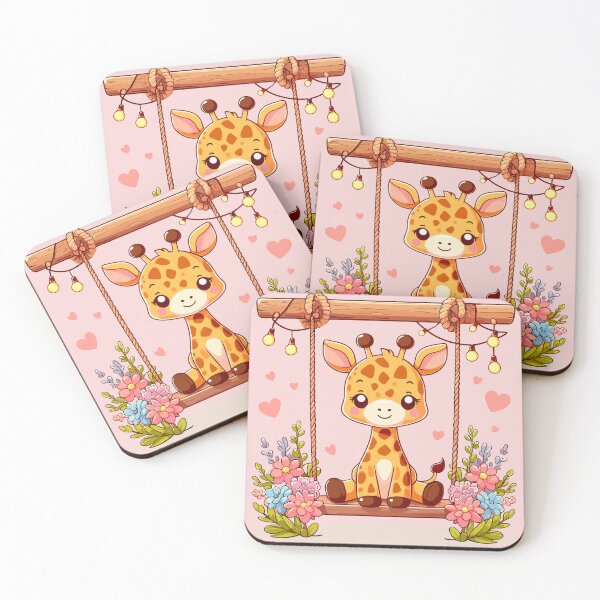 Item preview, a little giraffe sits on a wooden swing, the swing is decorated with flowers, hearts and lights designed and sold by Niktarka.