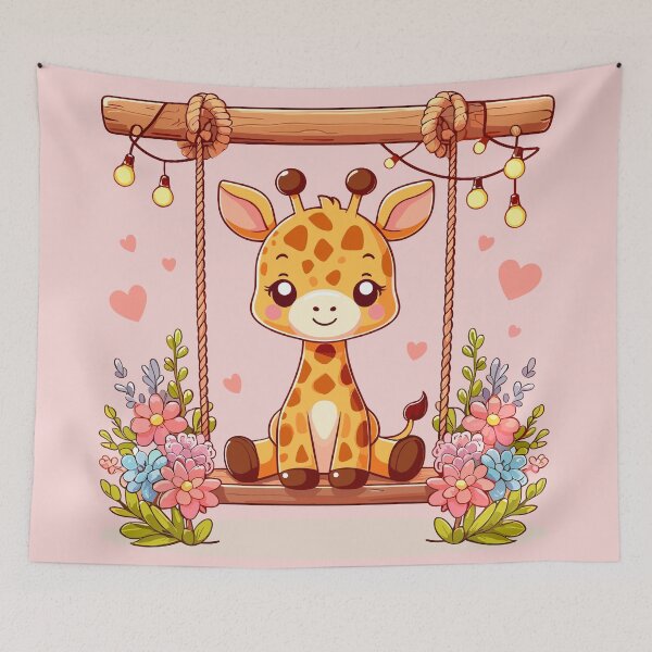 Item preview, a little giraffe sits on a wooden swing, the swing is decorated with flowers, hearts and lights designed and sold by Niktarka.