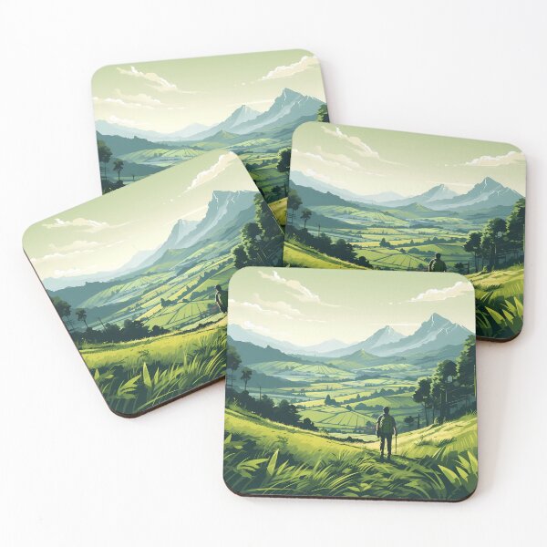 Item preview, green farmer hiker looking over rolling pasture designed and sold by Weirdanya.