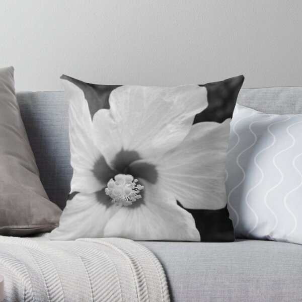 White Hibiscus B&W Throw Pillow