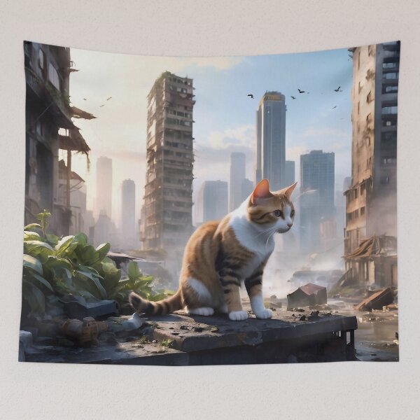Item preview, A cat against the background of the city ruins designed and sold by M-Y-A-R-T-.