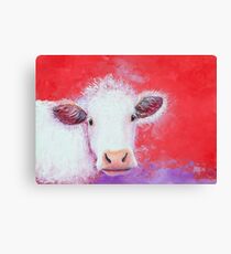 White Cow painting on red background Canvas Print