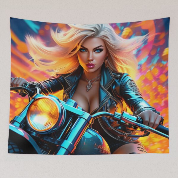 Item preview, Colorful Trippy Art Blonde Biker Gal designed and sold by TheDarkWardrobe.