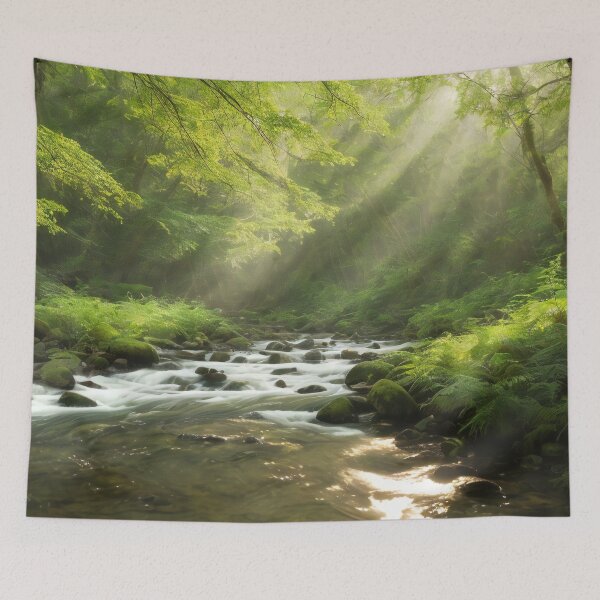 Item preview, Enchanted Morning: Sunbeams Dancing over a Verdant Stream designed and sold by ArtComixHaven.