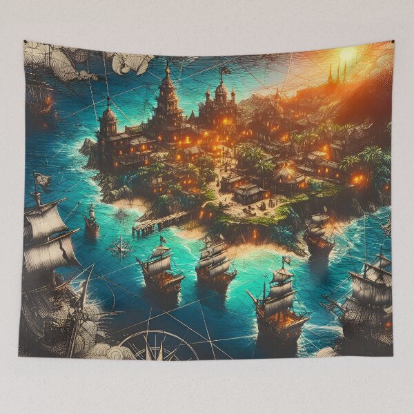 Item preview, ?‍☠️Piracy at Sunset: A Fantasy Nautical Map designed and sold by Aroncross111.