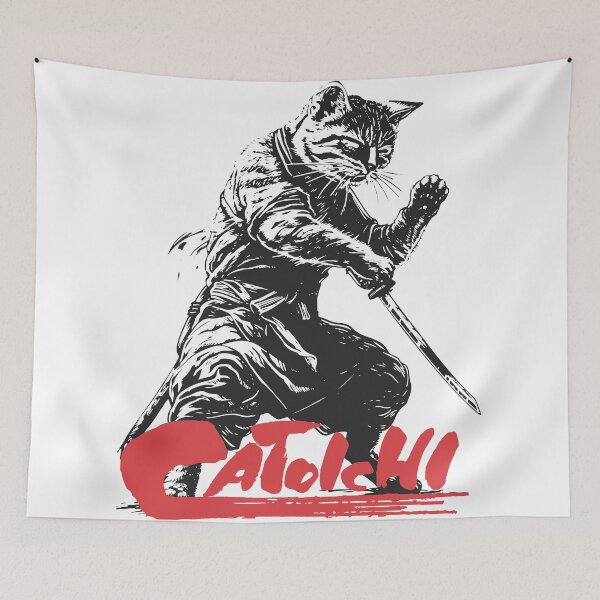 Item preview, Catoichi the Blind Swordsman, Zatoichi Cat, Samurai Cat, Anthropomorphic Cat Samurai, Ominous Looking Samurai Cat Warrior designed and sold by PrintShangri-La.