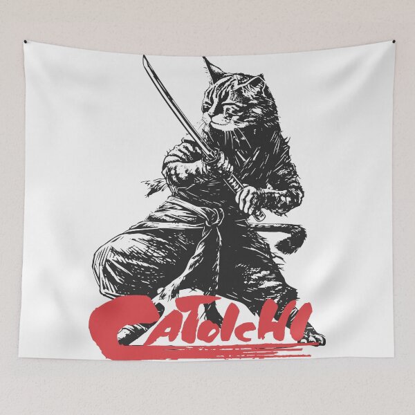 Item preview, Catoichi the Blind Swordsman, Zatoichi Cat, Samurai Cat, Anthropomorphic Cat Samurai, Ominous Looking Samurai Cat Warrior designed and sold by PrintShangri-La.