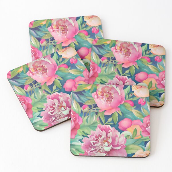 Item preview, Pink watercolor peonies on navy blue designed and sold by SophieClimaArt.