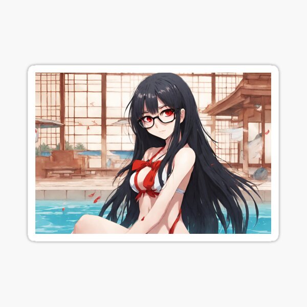 Item preview, Japanese manga girl with long black hair, red eyes, and big glasses. Put on a swimsuit and pose designed and sold by 9blueart.