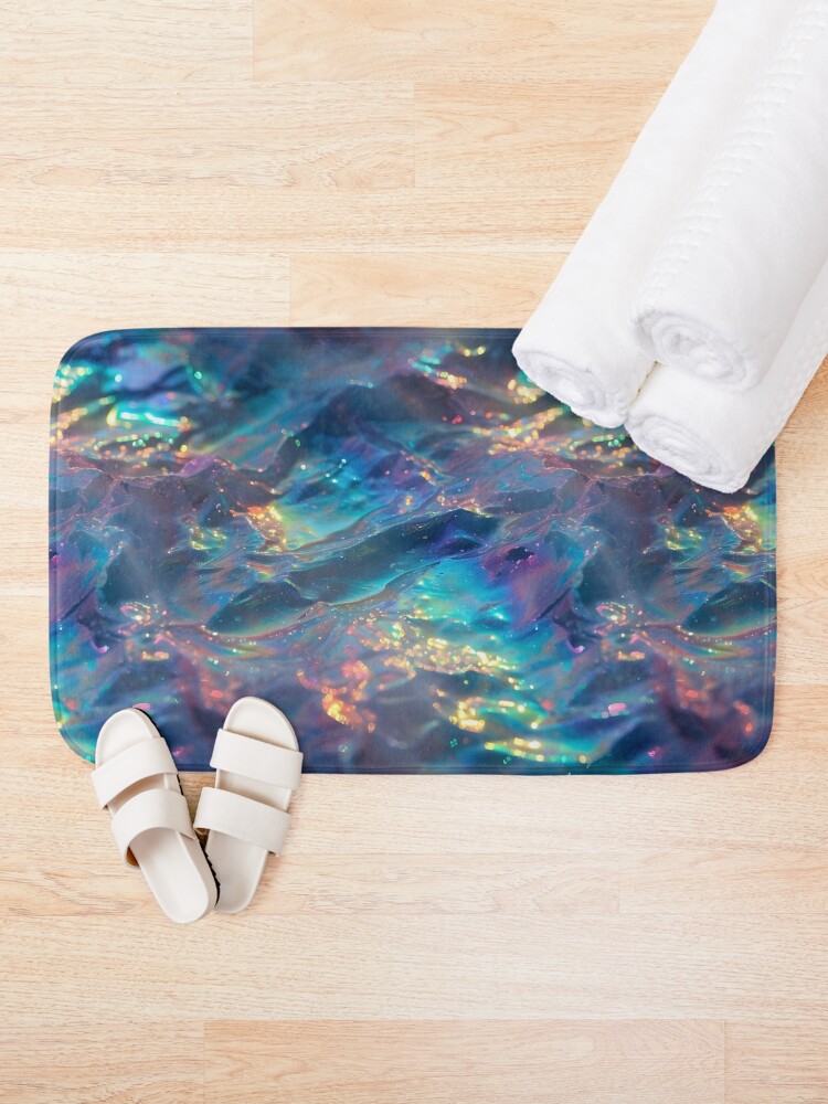 Thumbnail 1 of 6, Bath Mat, Sparkling Blue Rainbow Waves designed and sold by dinaaaaaah.