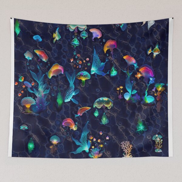 Item preview, seabed, corals, fish, glowing, flaming, multicolored, future dusk designed and sold by Maria Mihailova.