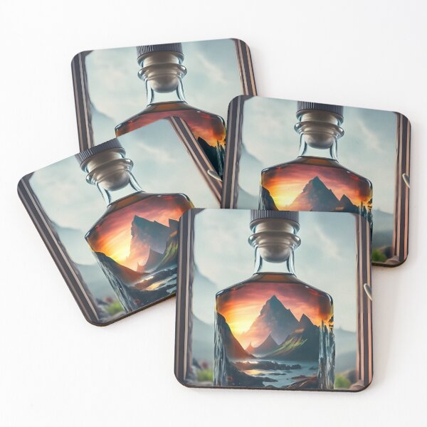 Item preview, A double exposure of a classic whisky bottle and a misty view of the isle of skye through the bottle dark fantasy illustration designed and sold by MalakShams.