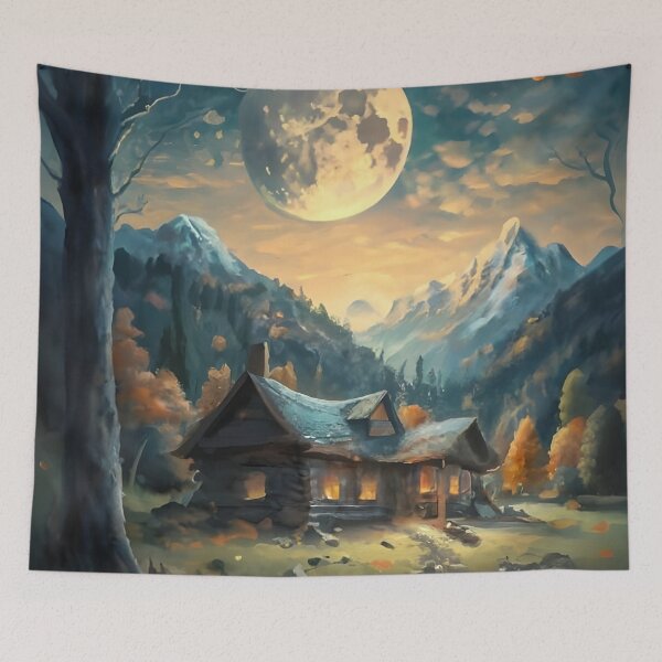 Item preview, A painting of a house in a field under a full moon featured on Artstation american scene painting autumn mountains brook intricate detailed designed and sold by MalakShams.