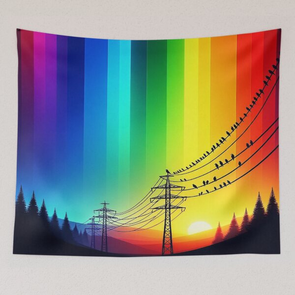 Item preview, A beautiful rainbow salient gradient with silhouettes of birds on powerlines  designed and sold by CanvasLady.