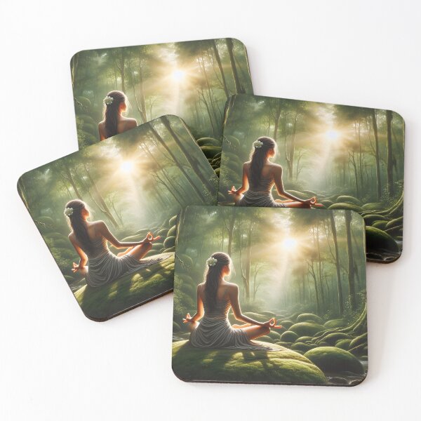 Item preview, Girl meditating in forest with sunlight and trees designed and sold by neonbubblez3.