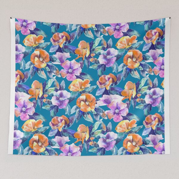 Item preview, big floral classic watercolor handmade blue designed and sold by Alessandro Remo Mazzoni Remotextiles.