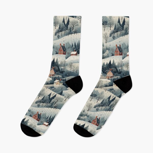 Item preview, Cottages on the hillside in snow seamless pattern tile designed and sold by MiraCleAI.