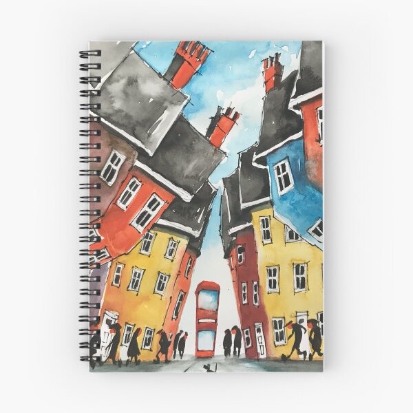 Item preview, Colourful Street slanting houses busy street watercolour painting print designed and sold by Jam3x.