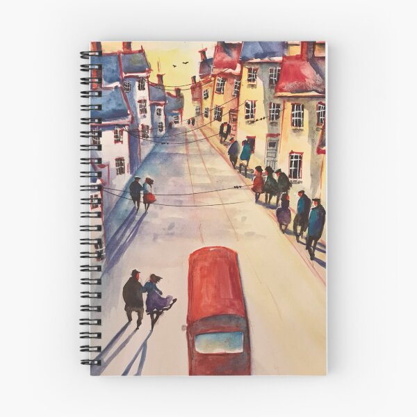 Item preview, Long busy Street sunset red bus watercolour painting print designed and sold by Jam3x.