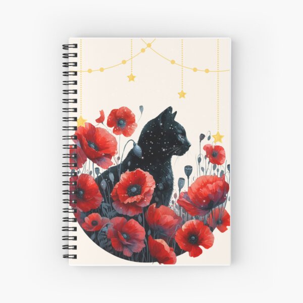 Item preview, Mystical Black Cat illustration with Red Poppies Flowers & Stars Journal, Red Floral Notebook, Celestial Cat Artwork, designed and sold by Design Den.