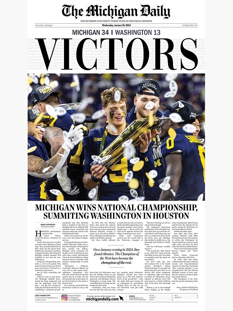 Thumbnail 3 of 3, Poster, The Michigan Daily Front Cover 1/10/24 (Michigan vs. Washington -- National Championship Game) designed and sold by michigan-daily.