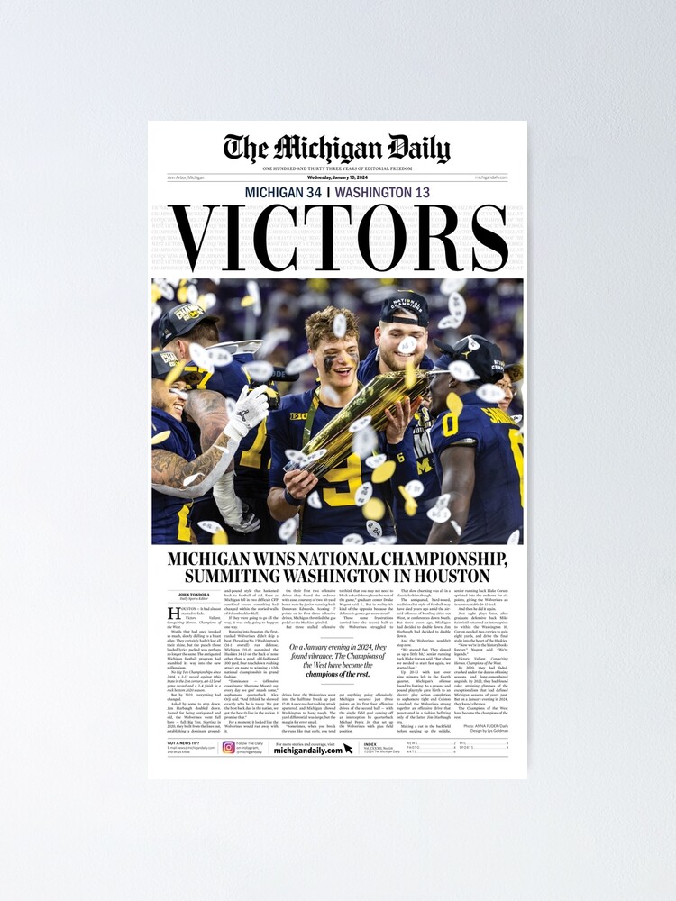 Thumbnail 1 of 3, Poster, The Michigan Daily Front Cover 1/10/24 (Michigan vs. Washington -- National Championship Game) designed and sold by michigan-daily.
