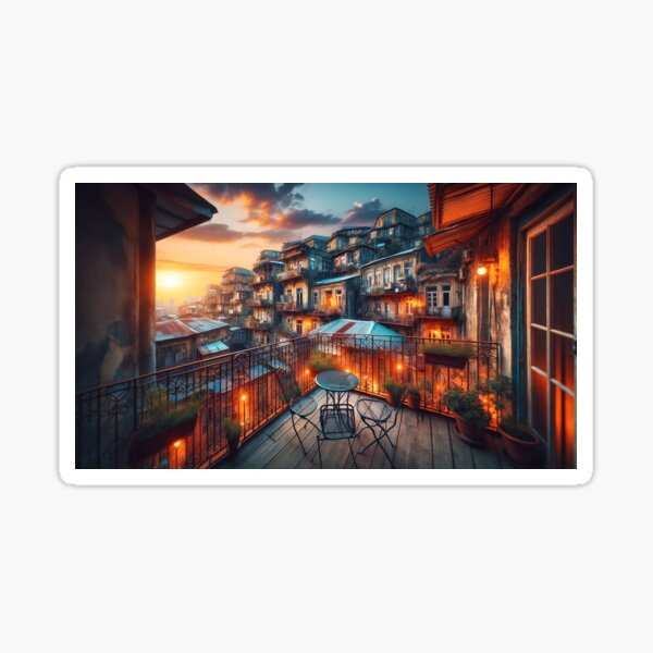 Item preview, Sunset on Balconies of Yesteryear: Picturesque Urban View designed and sold by UrbainEcho.