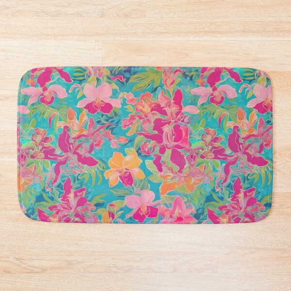 Item preview, Hot pink and yellow chinoiserie orchids on turquoise designed and sold by SophieClimaArt.