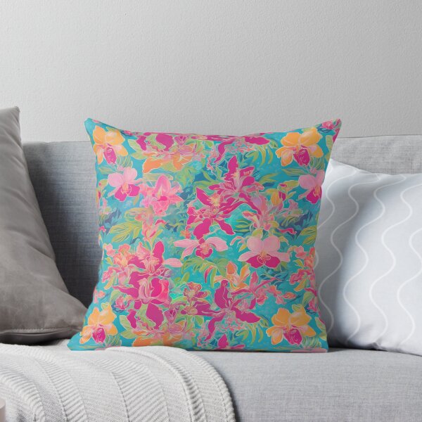 Item preview, Hot pink and yellow chinoiserie orchids on turquoise designed and sold by SophieClimaArt.