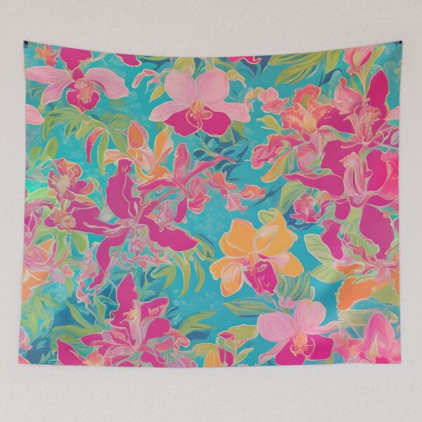 Item preview, Hot pink and yellow chinoiserie orchids on turquoise designed and sold by SophieClimaArt.