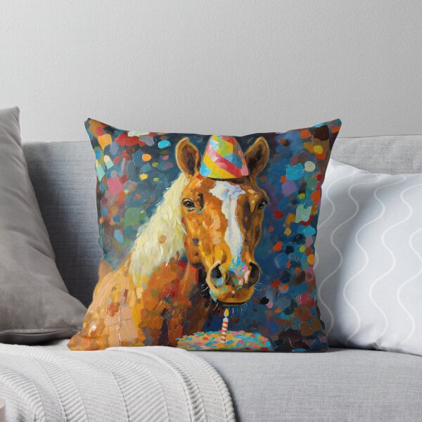 Item preview, Horse in Party Hat with Birthday Cake and one candle in painted style - Birthday Card designed and sold by OddCorro.