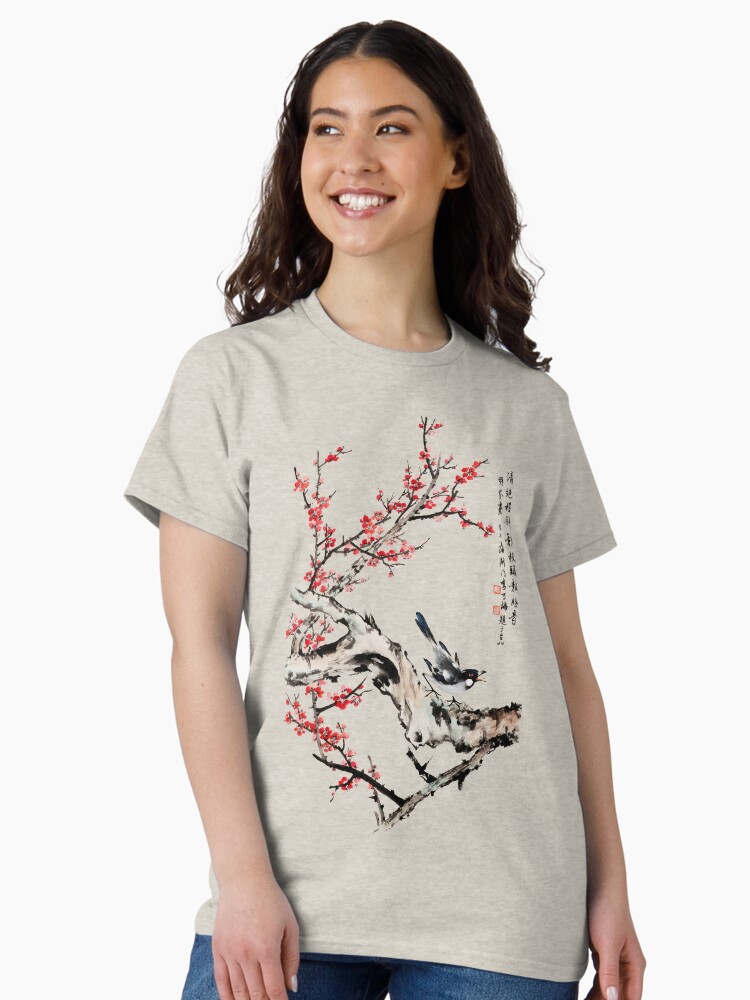 Thumbnail 2 of 7, Classic T-Shirt, Cherry Blossoms and Bird - Traditional Chinese Ink Painting designed and sold by mingjan.