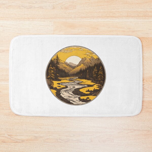 Item preview, Yellow Mountain Range Sunset With a River Flowing Through the Forest designed and sold by CharmStudio.