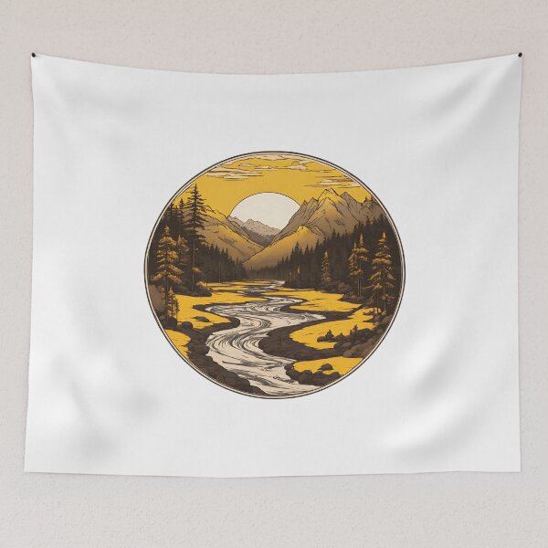 Item preview, Yellow Mountain Range Sunset With a River Flowing Through the Forest designed and sold by CharmStudio.