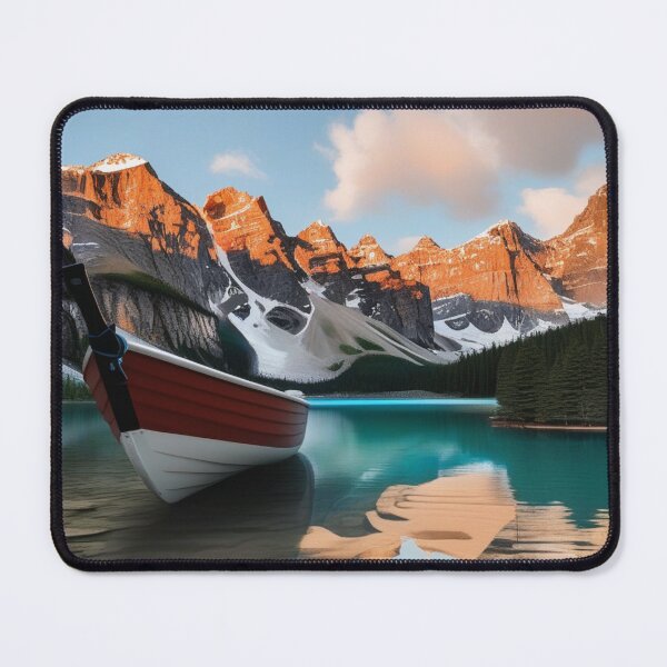 Item preview, "Quiet Reflections: Small Boat by the Snowy Lakeside" - MOUNTAINS, designed and sold by Eandbeyond.