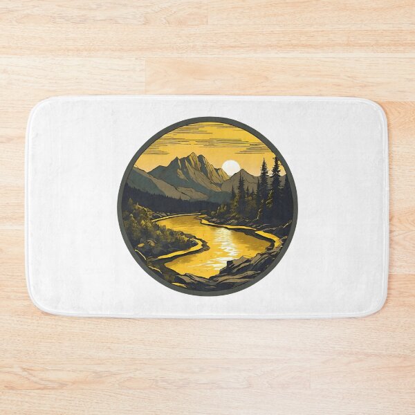Item preview, Yellow Mountain Range Sunset With a River Flowing Through the Forest designed and sold by CharmStudio.